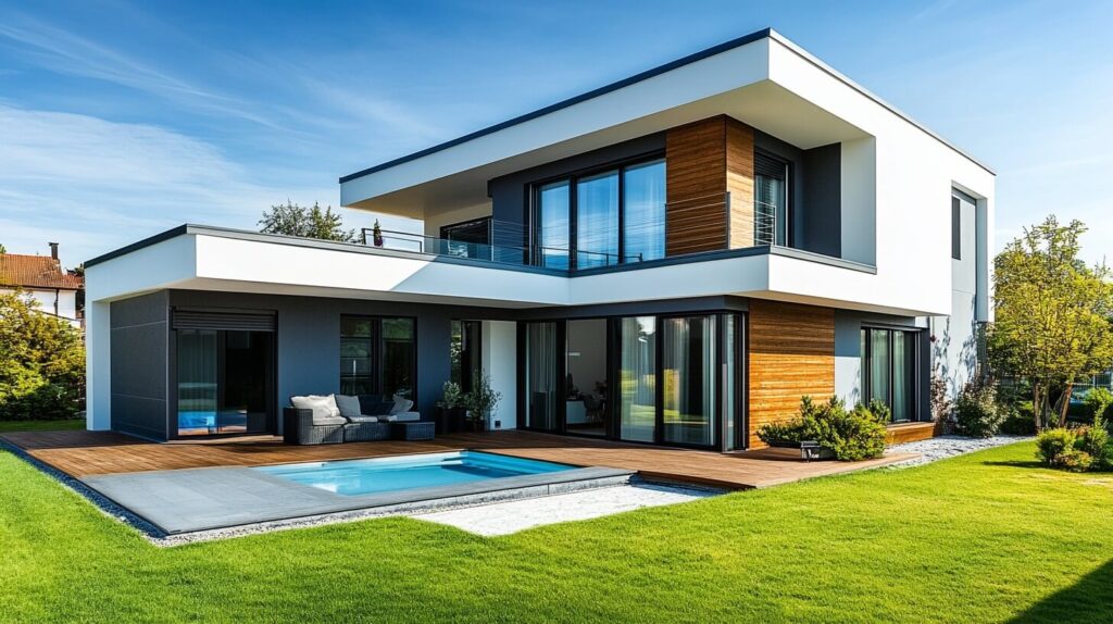 Das Bild zeigt ein luxuriöses und modernes Massivhaus, das von Generalunternehmer Wilms AG gebaut wurde. Wenn Sie auch ein Massivhaus in Berlin oder Brandenburg bauen möchten, beraten wir Sie gern.