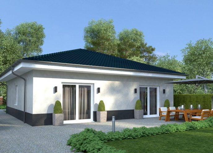 Das Bild zeigt ein schlüsselfertiges Bungalow Massivhaus von Generalunternehmer Wilms AG aus Berlin-Brandenburg.