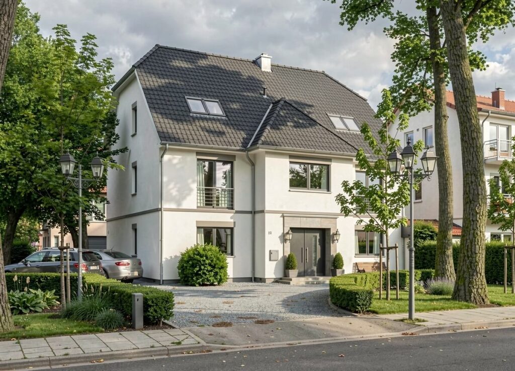 Das Bild zeigt ein modernes, individuell gebautes Massivhaus von Generalunternehmer Wilms AG aus Berlin-Brandenburg. In unserem Hausbau Katalog finden Sie viele Musterhäuser, die wir gern individuell für Sie bauen.