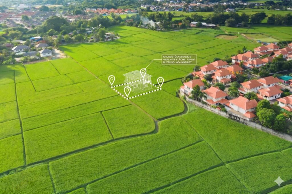 Das Bild zeigt ein Feld mit umliegenden Häusern, auf dem eine symbolische Grafik eingezeichnet ist, die den Grundstückkauf in Berlin & Brandenburg von Wilms AG veranschaulichen soll.