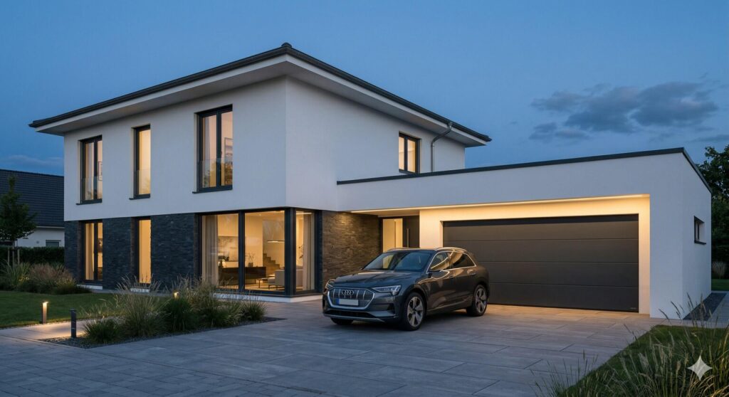 Das Haus zeigt eine Massivhaus-Stadtvilla mit direkt angebauter Garage, die einen bequemen Zugang ermöglicht. Vor der Garage steht ein Auto.