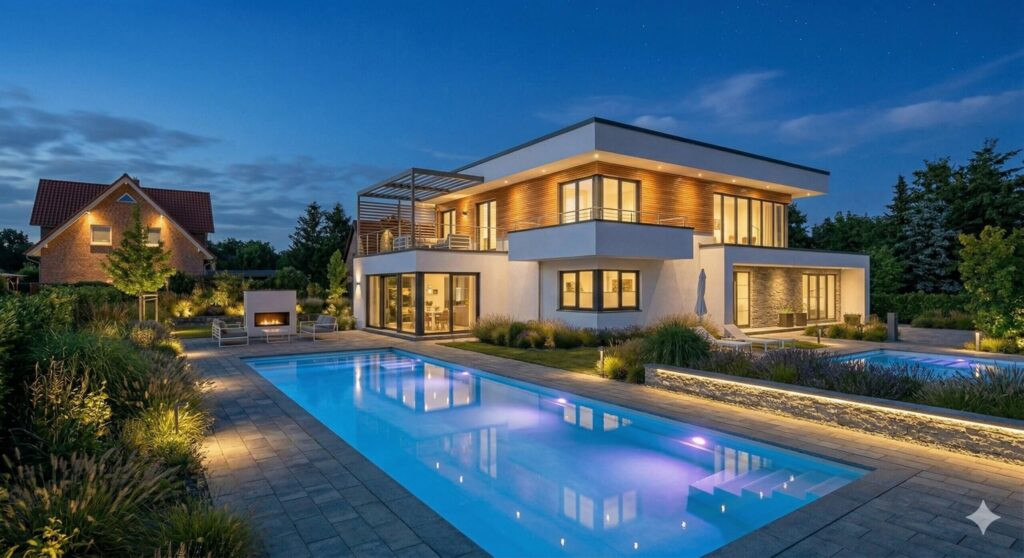 Das Bild zeigt ein individuell gebautes Massivhaus mit Pool in der Region Berlin-Brandenburg bei abendlicher Lichtstimmung.