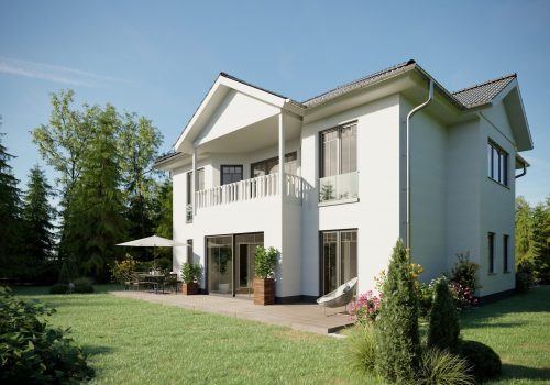 Das Bild zeigt die Rückseite einer modernen Stadtvilla mit bodentiefen Fenstern, Terrasse und Balkon. Möchten Sie auch eine schlüsselfertige Stadtville bauen lassen? Generalunternehmer Wilms AG unterstützt Sie in Berlin und Brandenburg.