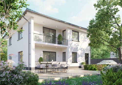 Das Bild zeigt ein großes, modernes Haus für zwei Familien. Möchten Sie ein Zweifamilienhaus schlüsselfertig bauen lassen? Generalunternehmer Wilms AG ist Ihre spezialisierte Baufirma für Massivhäuser in Berlin und Brandenburg.